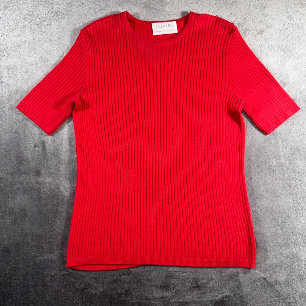 Ingenuity Red Ribbed Knit Short Sleeve Crew Neck Sweater Made in Canada